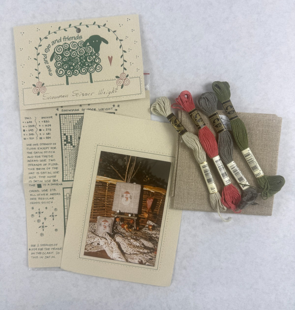 Ewe & Eye & Friends Snowman Scissor Weight Cross Stitch Kit Linen Primitive
